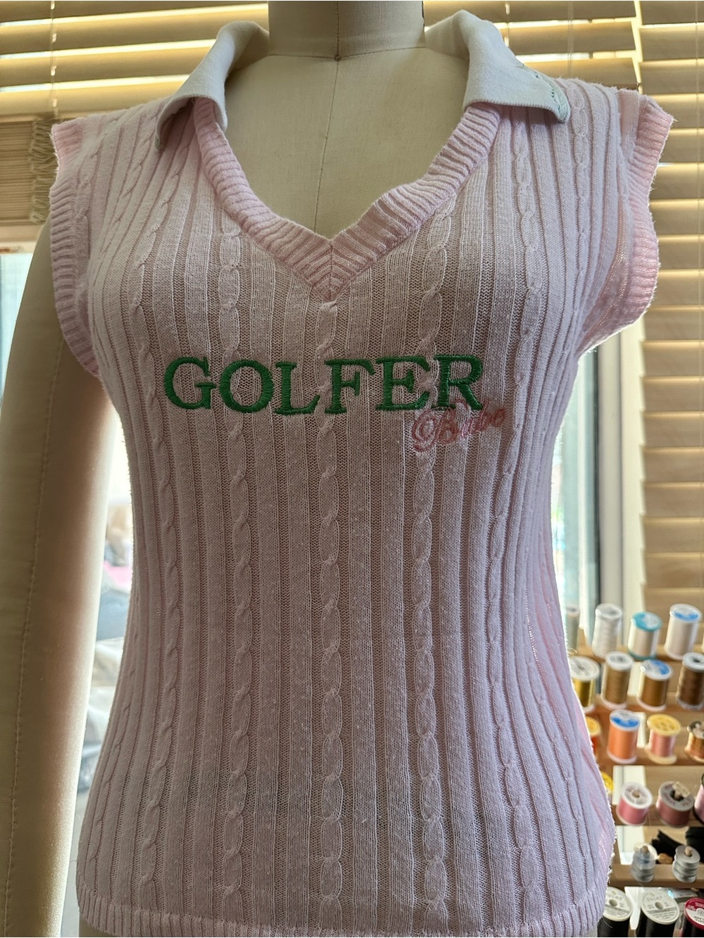 Vintage Golfer Pink Cable-Knit V-Neck Sweater Vest